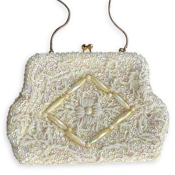 Vintage Opalescent Sequin Seed Bead Kisslock Snake Chain Evening Frame Purse - Picture 4 of 16